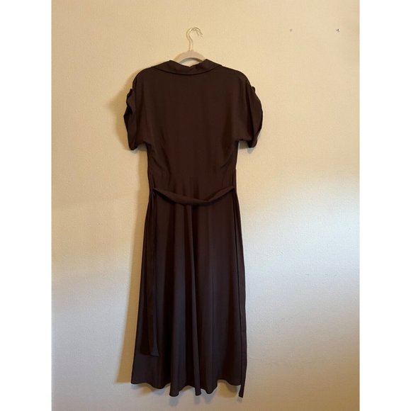 Ralph Lauren Midi Dress 2 Silky Brown Short Sleeve Belted Career Washable - Picture 5 of 10